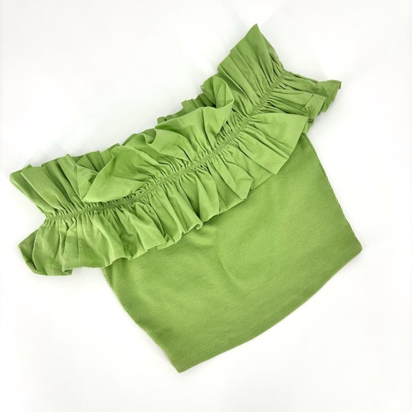 Zara NWT Pear Green Ruffled Off-the-Shoulder Ribbed Crop Top, Medium - Picture 1 of 15